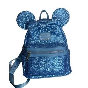 Disney Parks Loungefly Blue Sequin Hydrangea Mini Backpack NWT Sequined Minnie